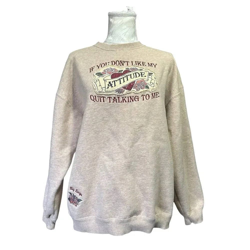 Big Dogs Embroidered Attitude Sweatshirt Patchwork Y2K Beige Medium - Picture 2 of 14